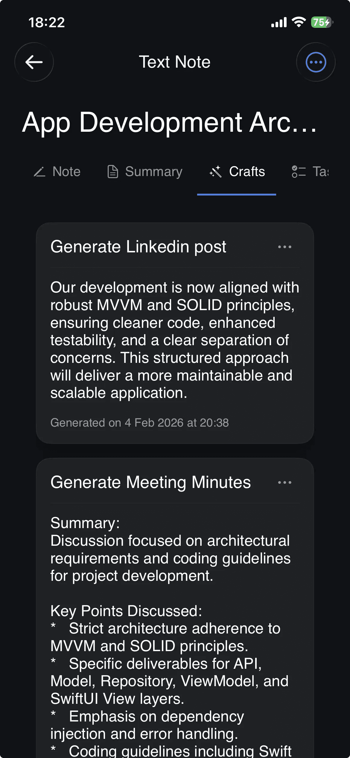 Schermata dei formati AI Crafts con modelli di contenuto