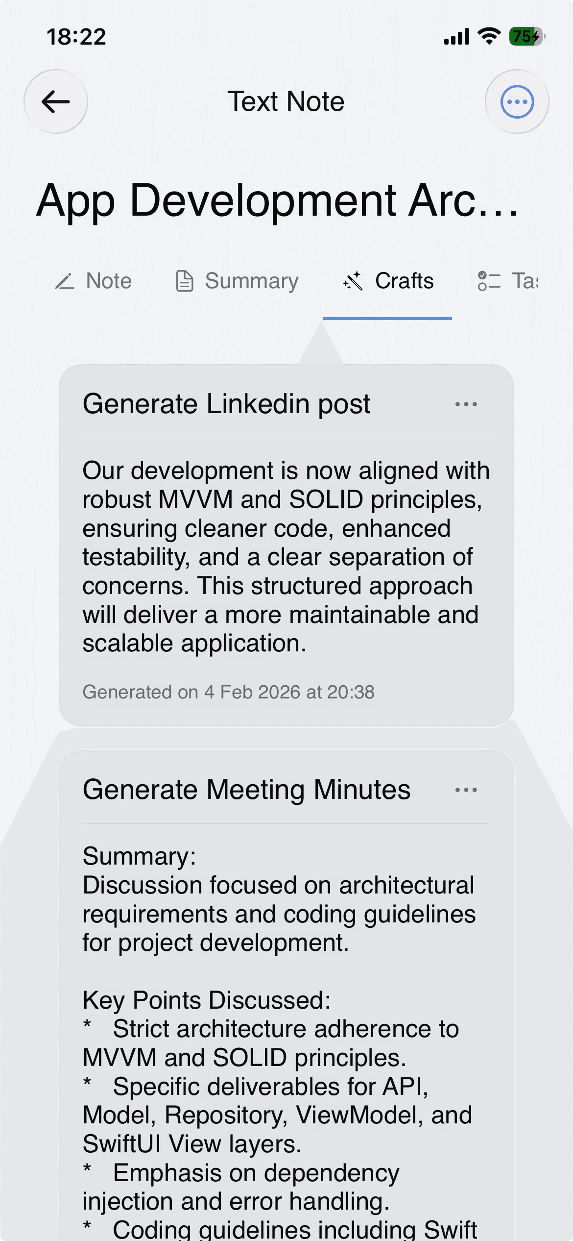 Schermata dei formati AI Crafts con modelli di contenuto