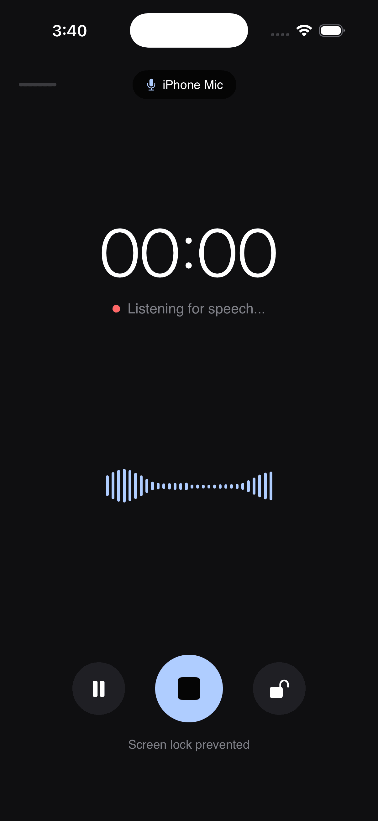 Schermata di registrazione AltNotes con timer in diretta e forma d'onda