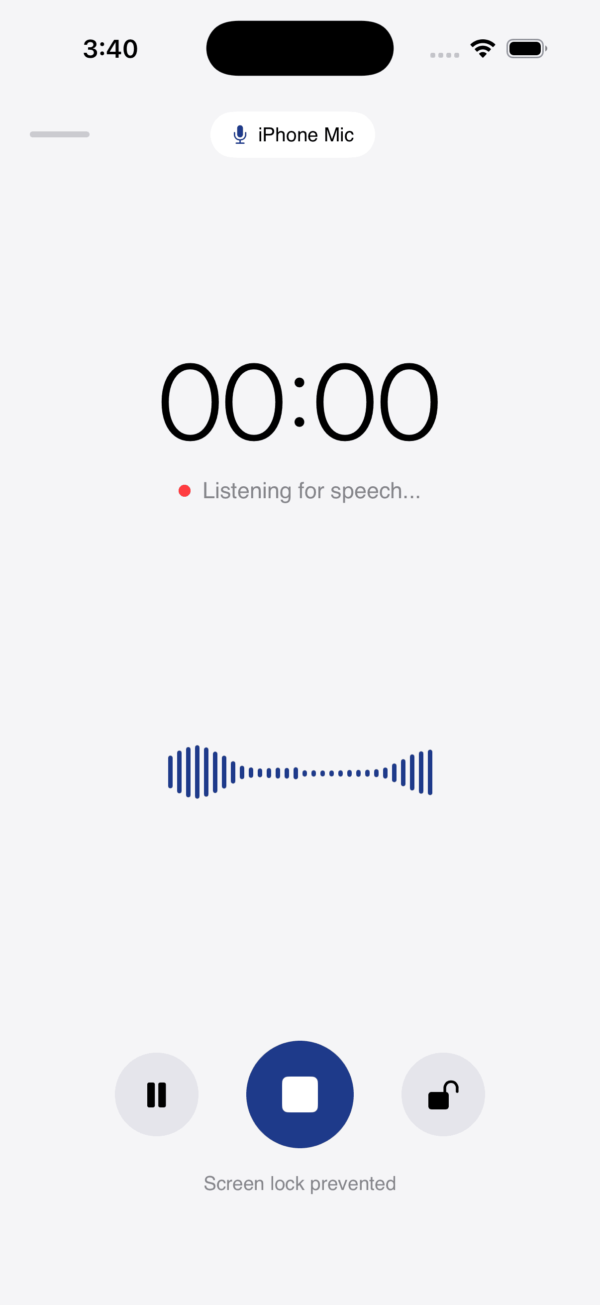 Schermata di registrazione AltNotes con timer in diretta e forma d'onda