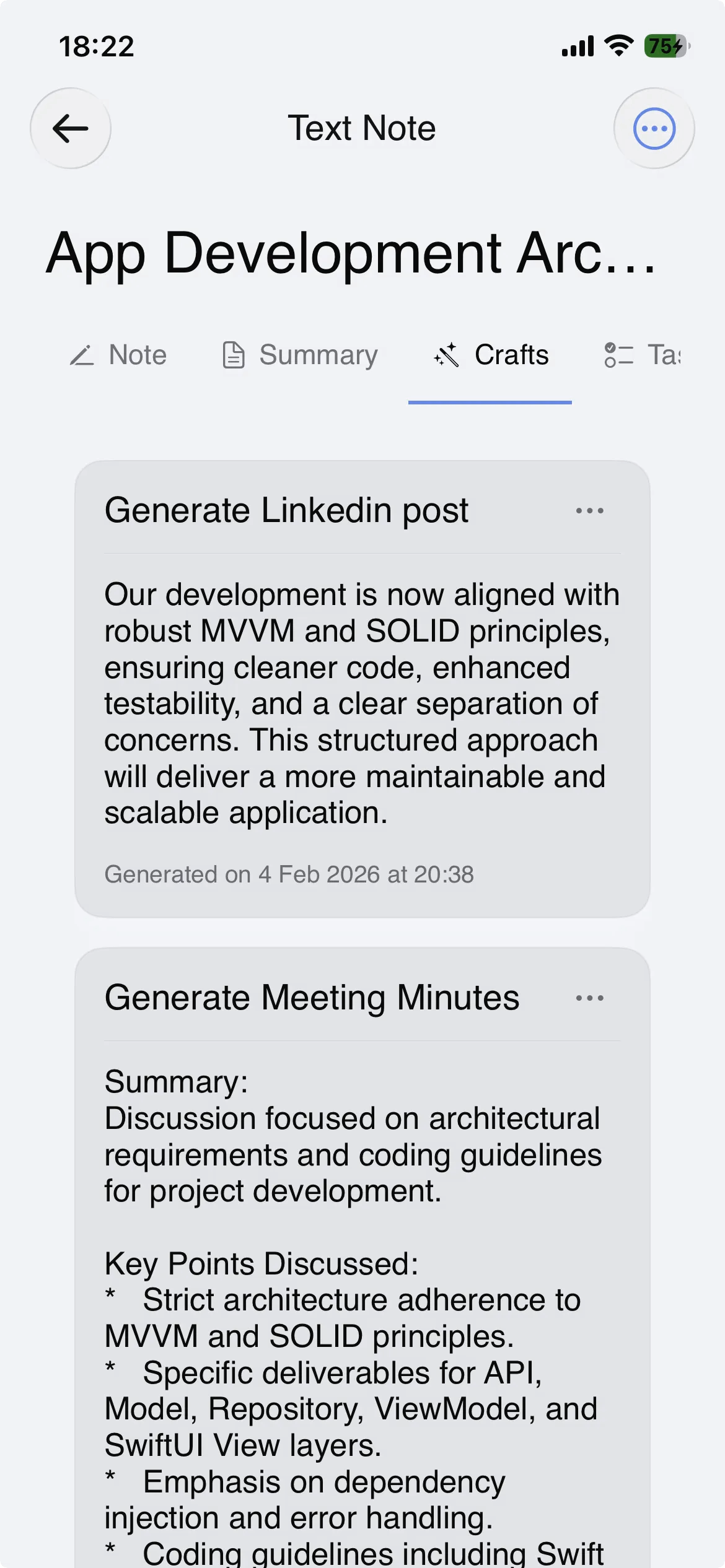 Crafts tab generating shareable drafts from a note