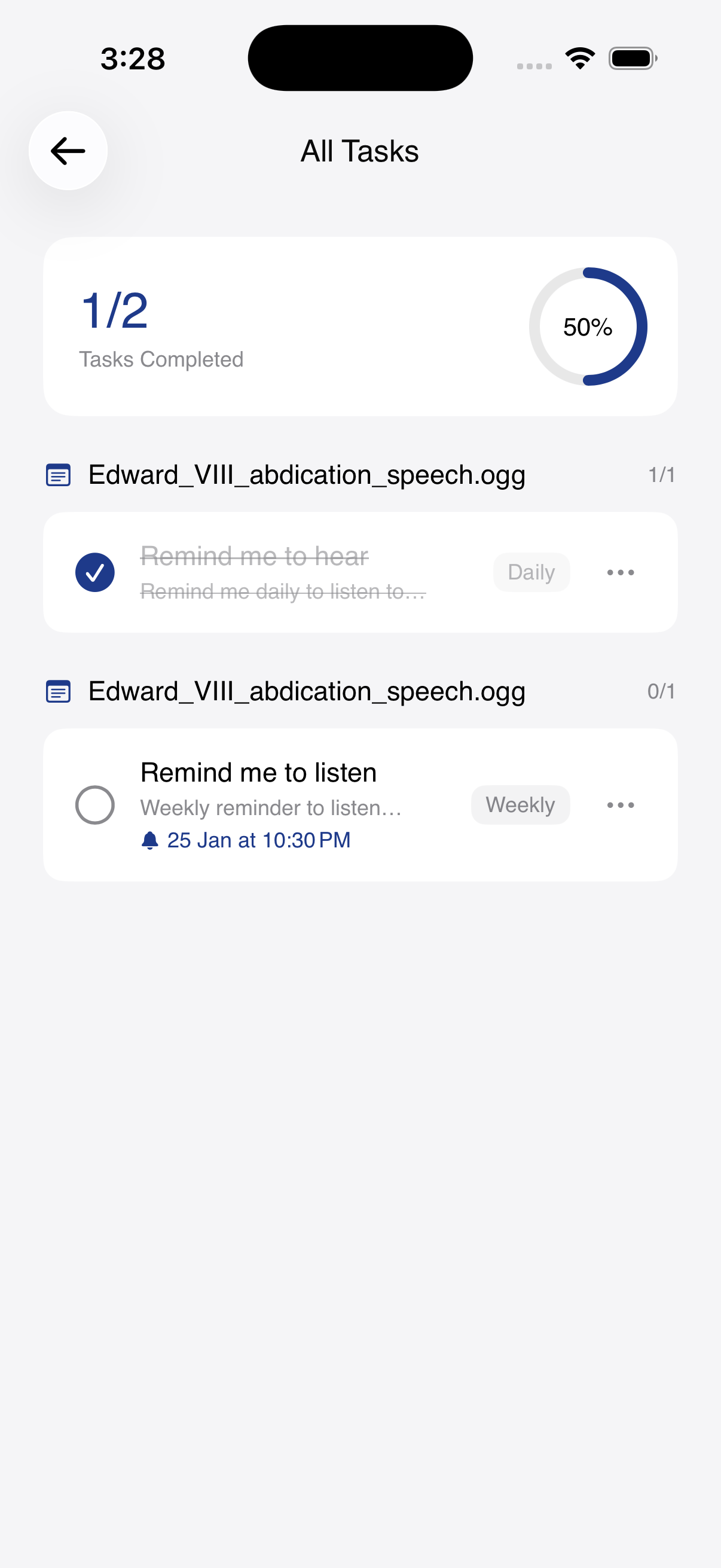 All tasks screen showing progress and a list of reminders