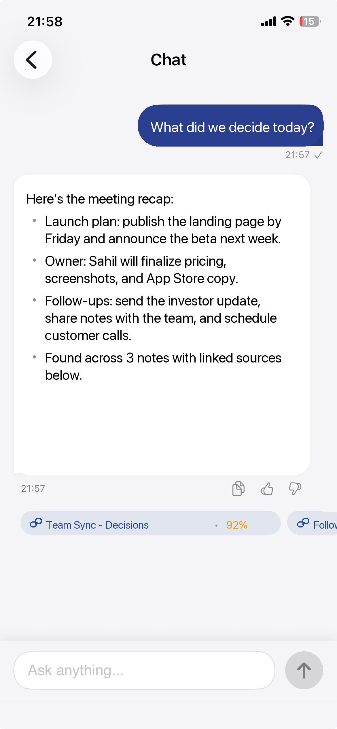 Ask AI chat view showing meeting decisions from saved notes