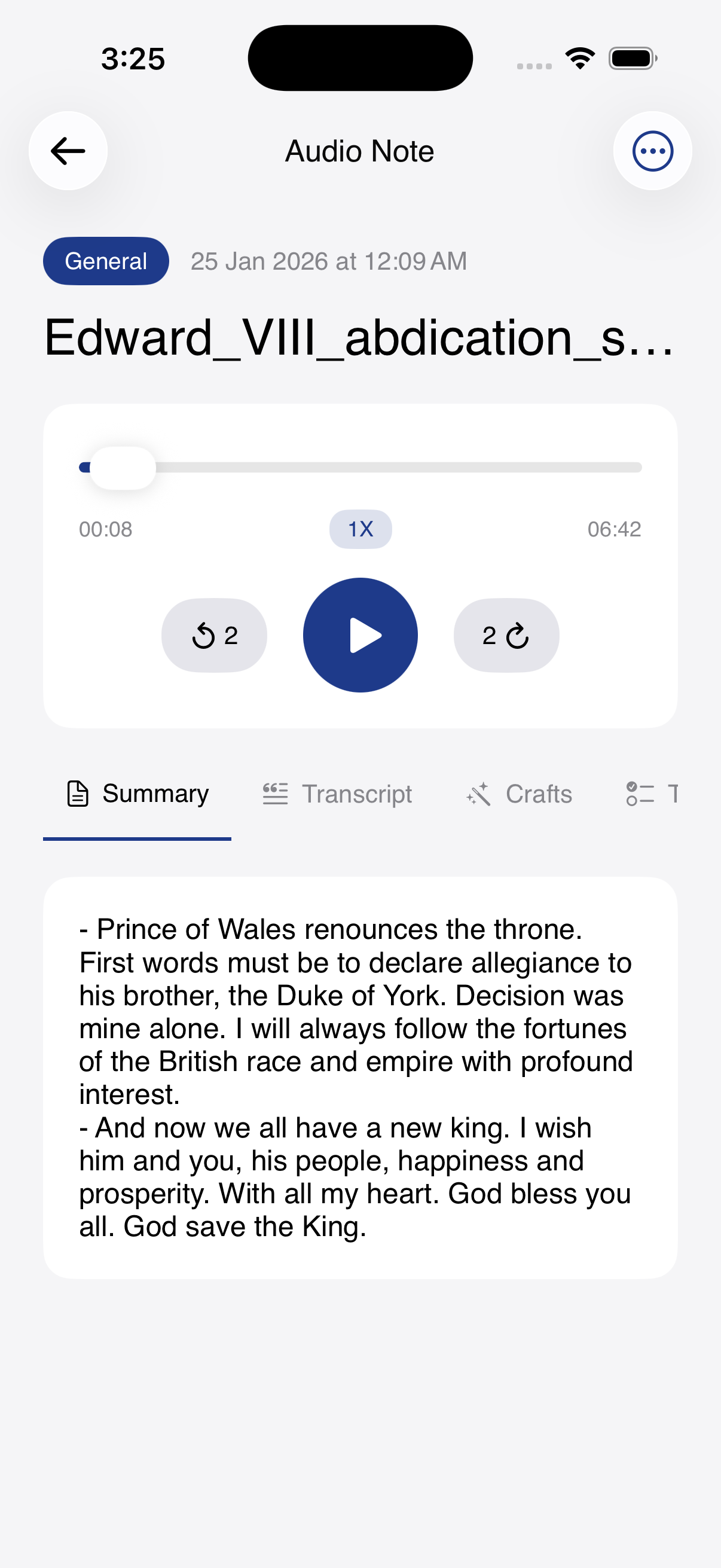 Audio note screen with a player and summary tab