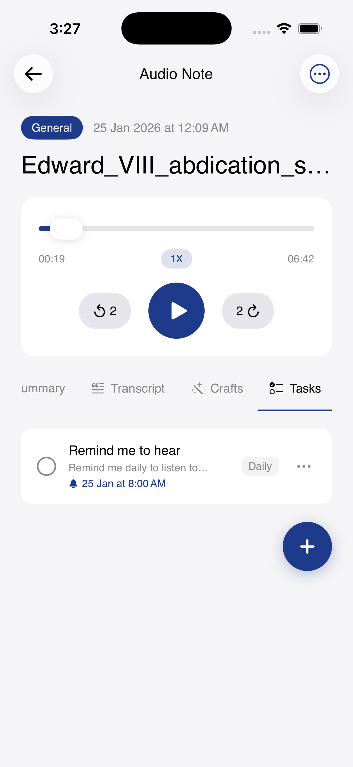 Tasks tab for an audio note with a plus button