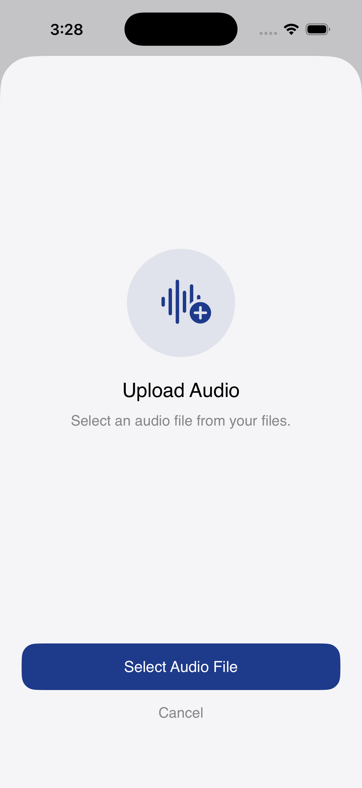 Upload audio screen for importing an audio file